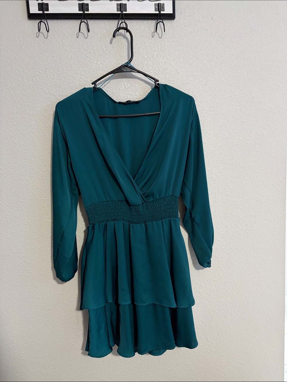 Zara Teal Long-Sleeve Smocked Waist Tiered Dress